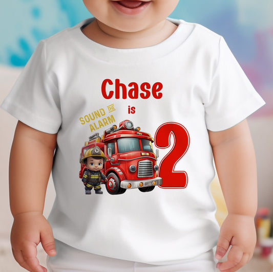 Personalised Fire Engine 1st Birthday baby bib with custom name print.