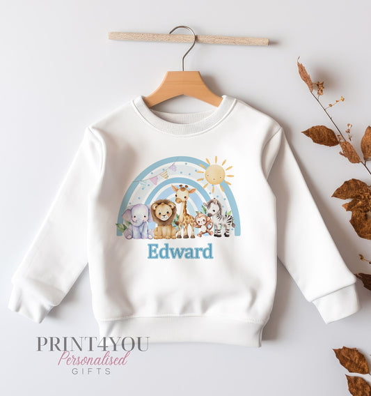 Personalised Sweatshirt Jumper For Children. White Cotton Sweatshirt – Safari Animals and Blue Rainbow - 6-12 months