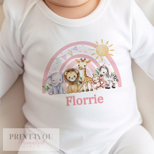 Bib in soft white cotton printed with the pink safari rainbow first birthday design.