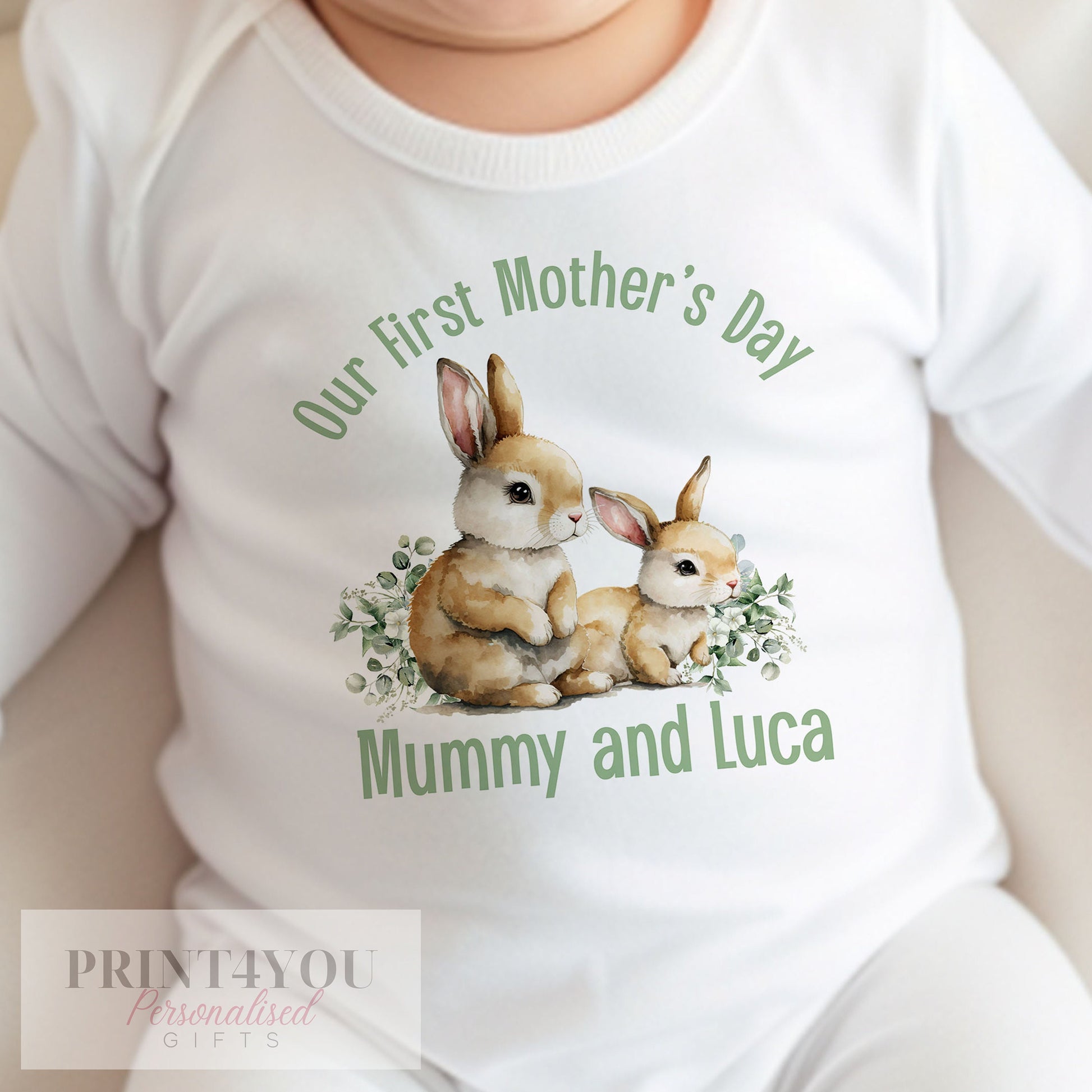 Personalised first Mother's Day baby bib, printed with a custom name.