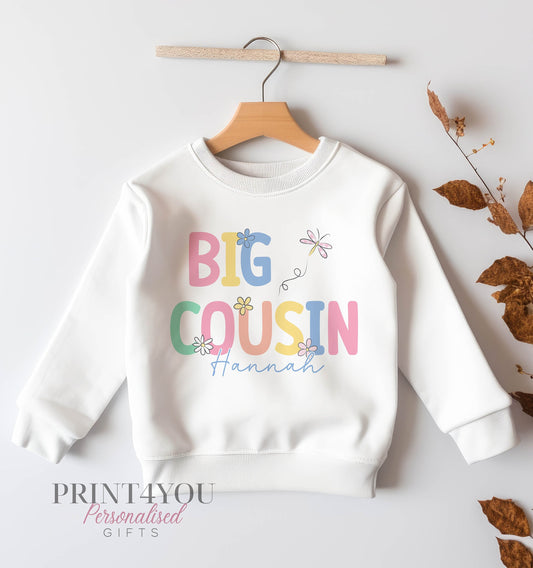 Personalised Big or Little Cousin Jumper, Birthday Sweatshirt for Children, Promoted to Big Cousin, Little Cousin, pastel design & Flowers - 6-12 months