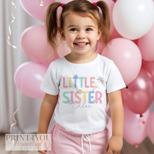 Little Sister Heart Design Personalised Cotton T – Shirt, Little Sister Top, Little Sister Gift, Pregnancy Announcement, Pastel Colour - 6-12 months  T-shirt
