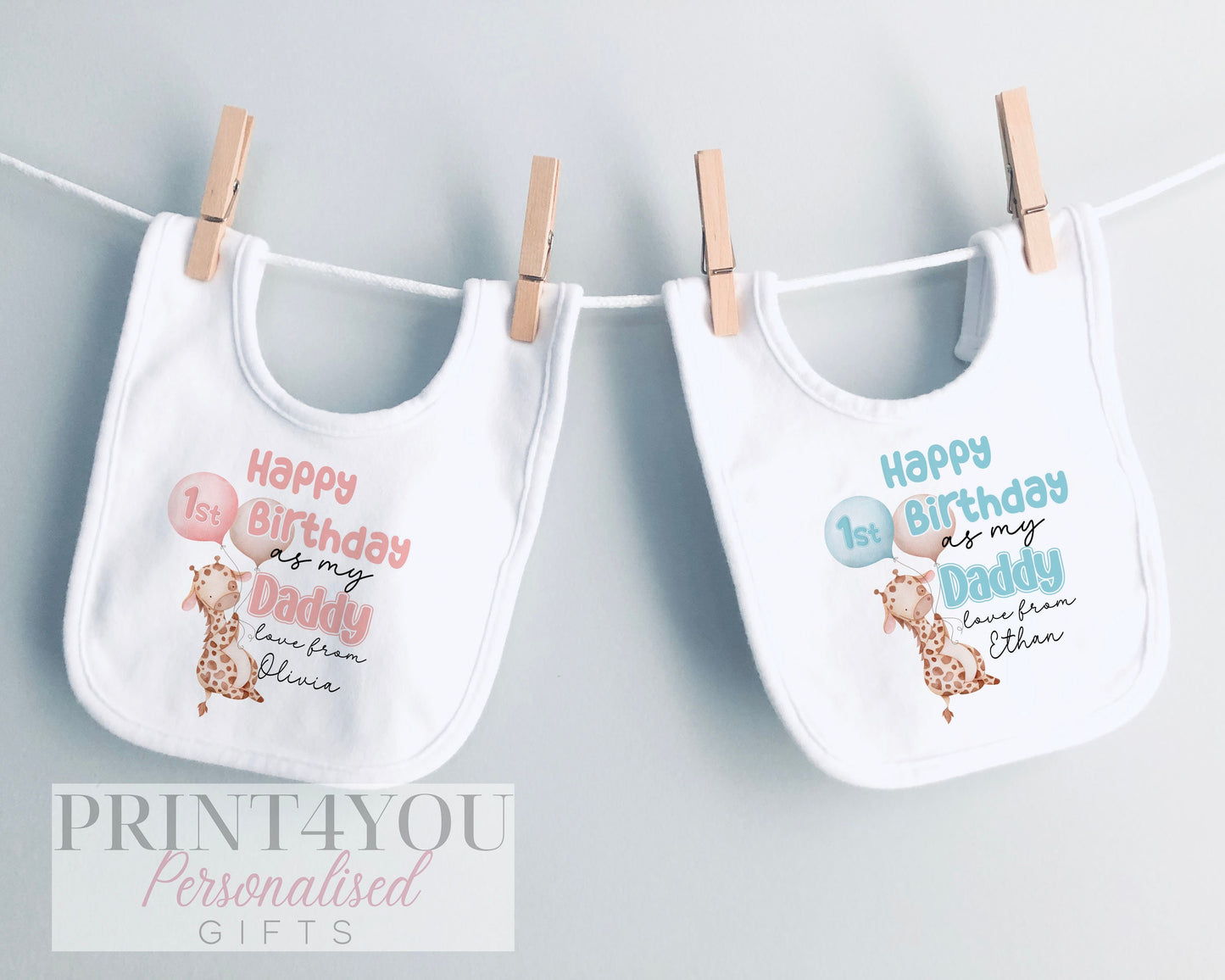 'Happy Birthday Daddy' personalised baby outfit styled for a Father's Day gift photo.