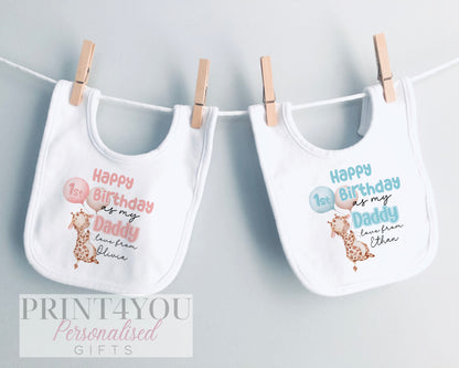 Personalised Happy Birthday Daddy baby sleepsuit in soft white cotton.