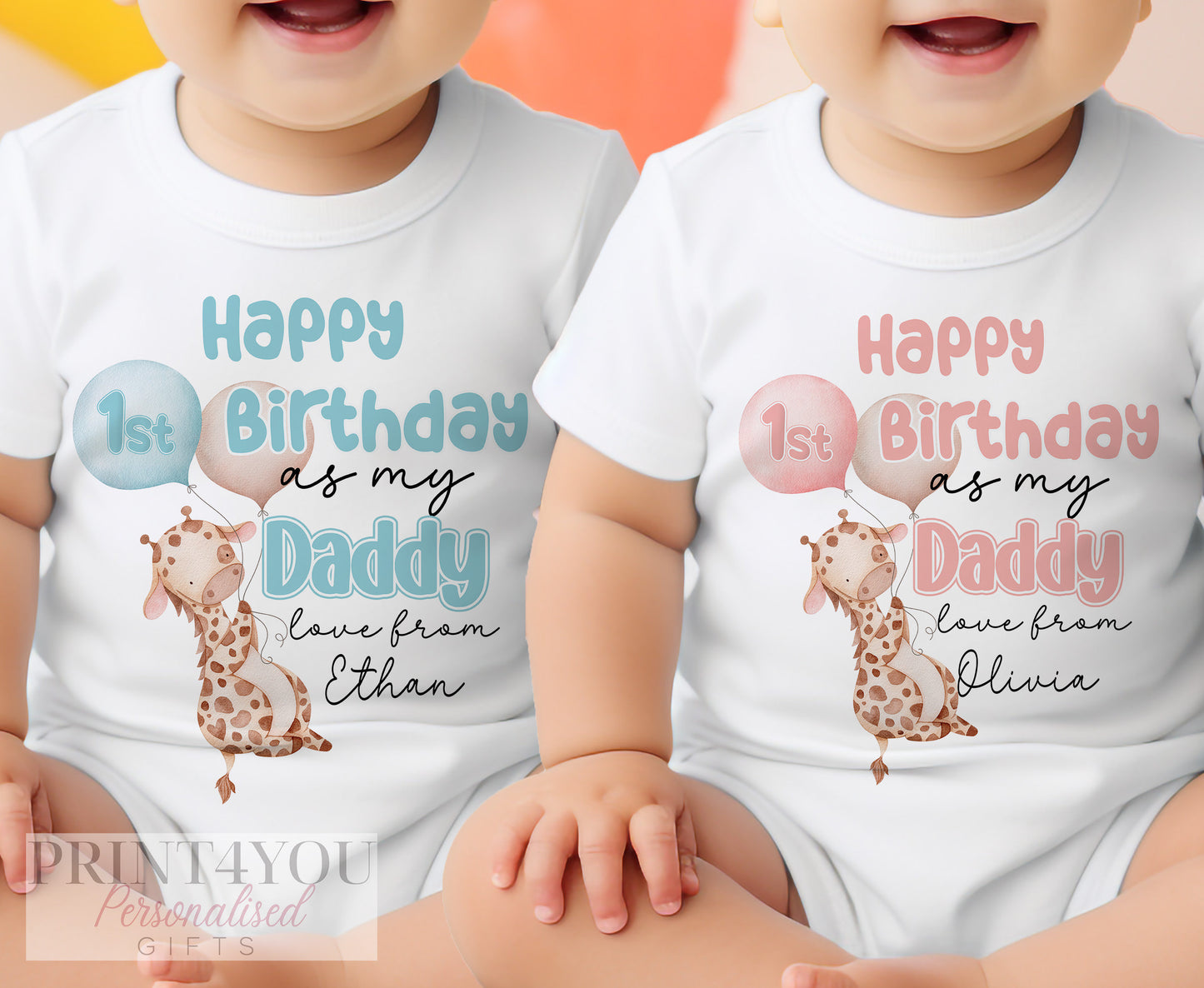 Personalised Happy Birthday Daddy baby vest, front view of the 1st Birthday As My Daddy print.