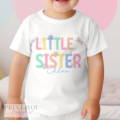 Personalised Little Sister vest in soft white cotton, printed with baby's name