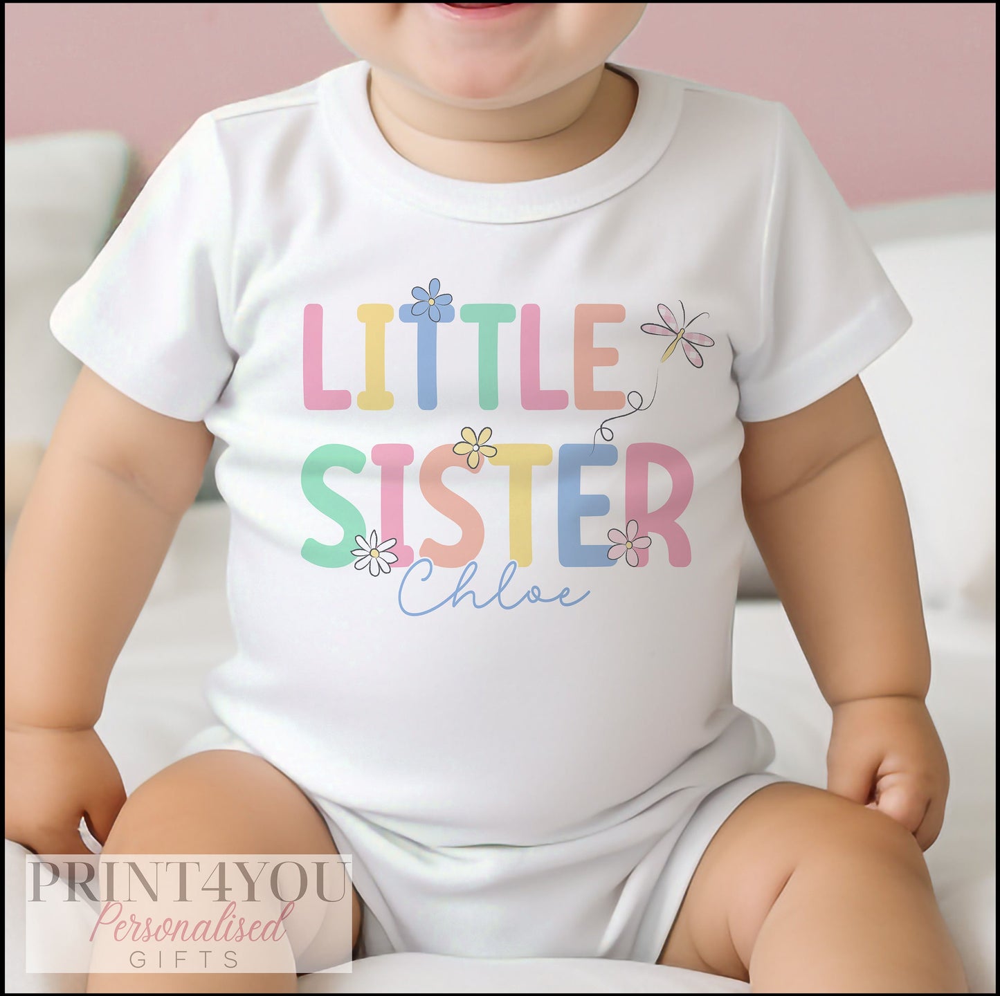 Personalised Little Sister baby bib with custom name print, new baby sister gift