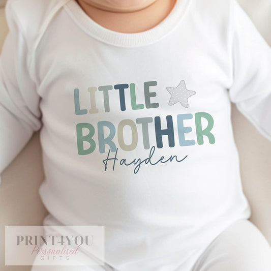 Personalised little brother bib, printed with custom wording for a new baby gift.