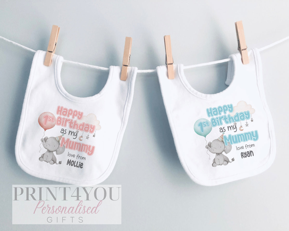 Happy Birthday Mummy, 1st Birthday as My Mummy, Sleepsuit Baby grow Bodysuit Vest, Mum Birthday, Mummy Birthday, Cute Elephant Design - Bib