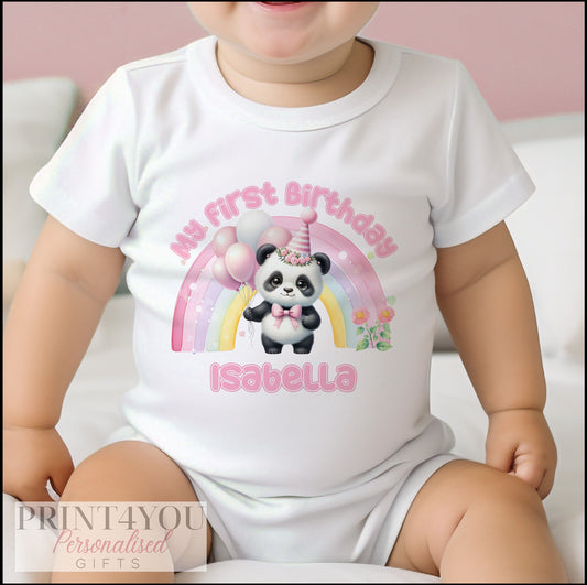 Personalised panda bear and rainbow first birthday bib, printed on soft cotton with space for your baby's name.