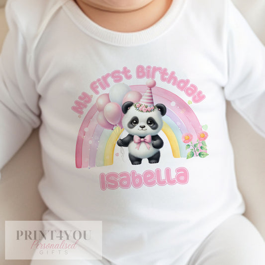 Personalised panda and rainbow balloons first birthday bib with the baby's name printed on the front.