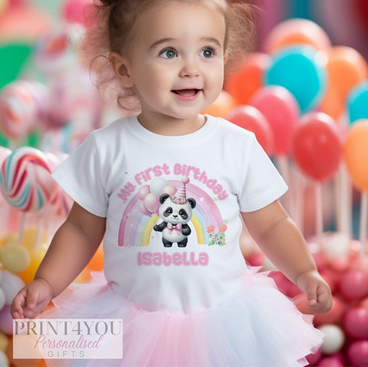 Personalised panda bear and pink rainbow first birthday bib, printed with the baby's name.