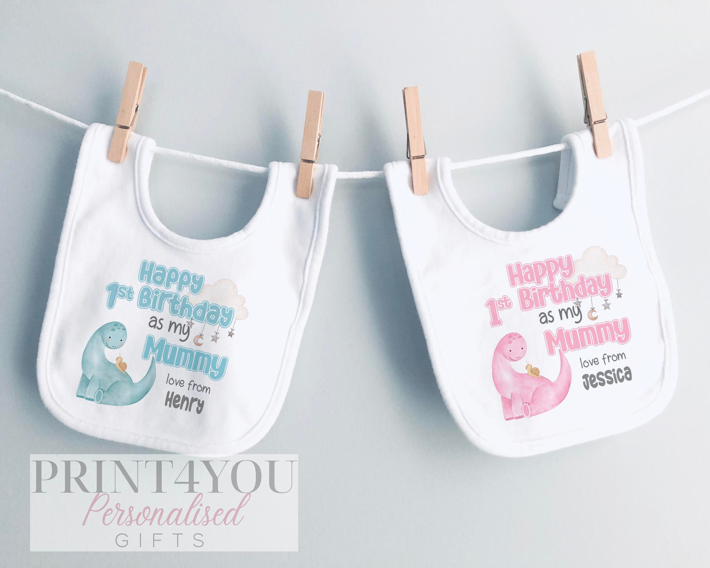 Happy Birthday Mummy, 1st Birthday as My Mummy, Sleepsuit Baby grow Bodysuit Vest, Mum Birthday, Mummy Birthday, Cute Dinosaur Design - Bib
