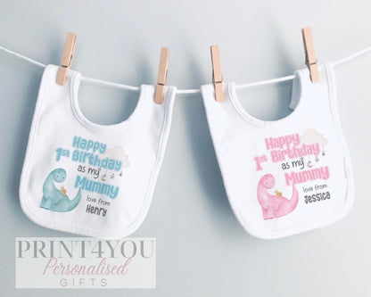 Happy Birthday Mummy, 1st Birthday as My Mummy, Sleepsuit Baby grow Bodysuit Vest, Mum Birthday, Mummy Birthday, Cute Dinosaur Design - Bib