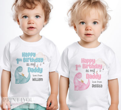 Personalised Happy Birthday Daddy t-shirt with cute dinosaur design and custom name.