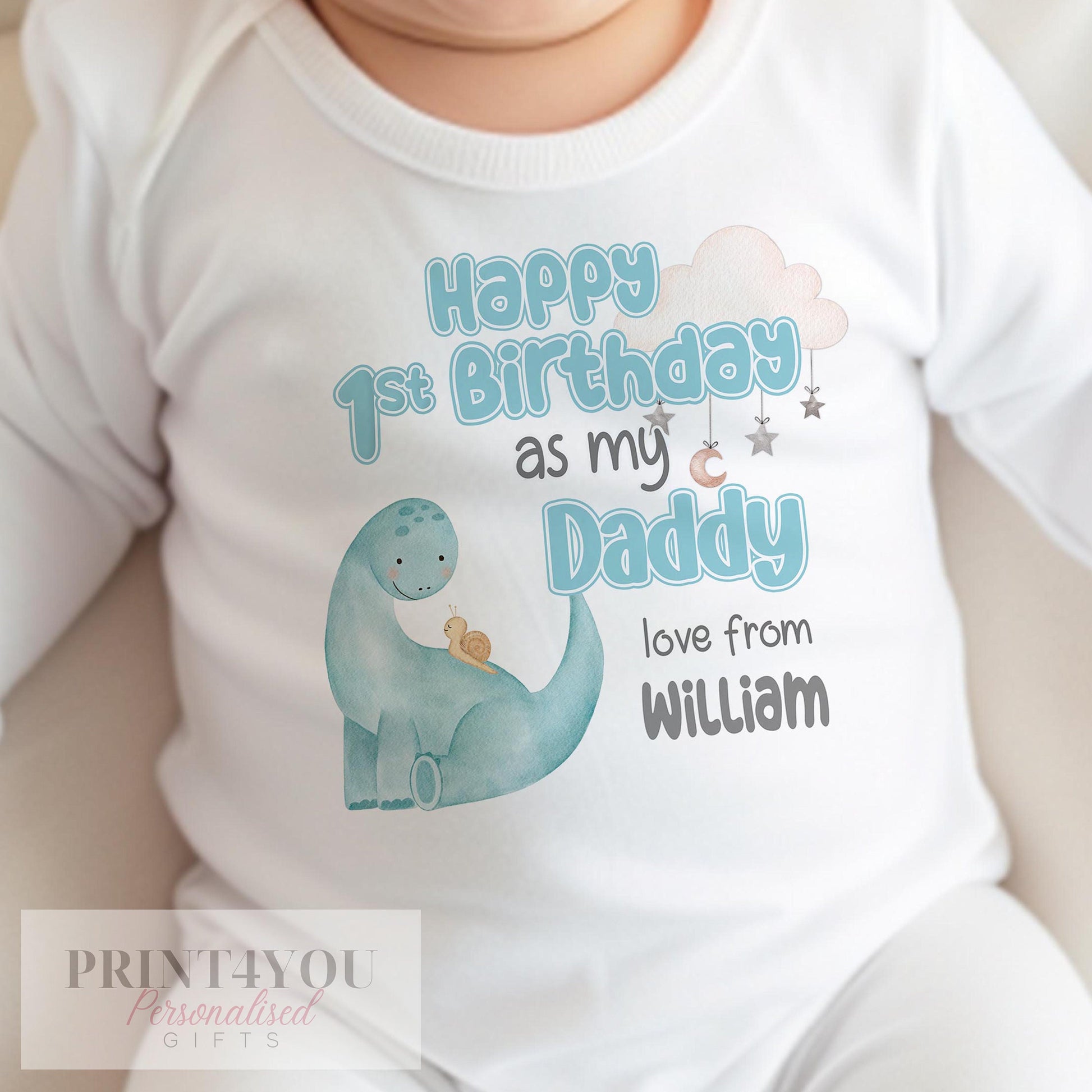 Personalised Happy Birthday Daddy sleepsuit with a cute dinosaur design and custom name.