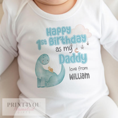 Personalised Happy Birthday Daddy sleepsuit with a cute dinosaur design and custom name.