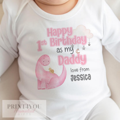 Personalised Happy Birthday Daddy vest, dinosaur design, printed with baby's name.