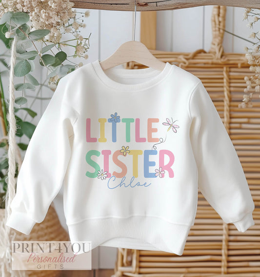 Personalised Big or Little Sister Jumper, Birthday Sweatshirt for Children, Promoted to Big Sister, Little Sister, pastel design & Flowers - 6-12 months