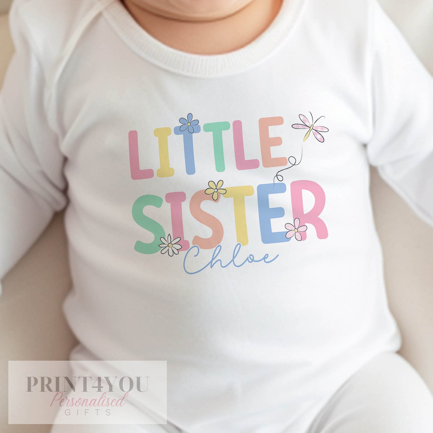 Personalised Little Sister sleepsuit for new baby sister gift