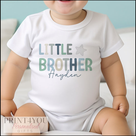 Personalised little brother bib, printed with custom wording for a new baby gift.